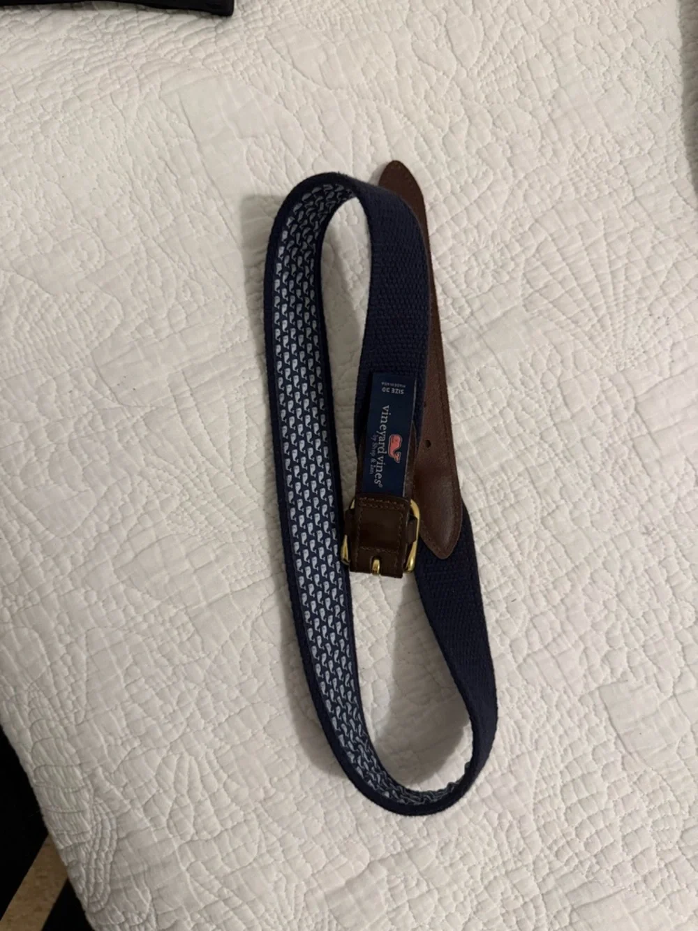 Vineyard Vines Navy Woven Web Belt with Brown Leather Trim